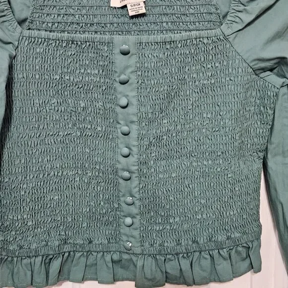 American Eagle Green Smocked Square Neck Crop Blouse Long Sleeve Women's Small - Picture 5 of 9